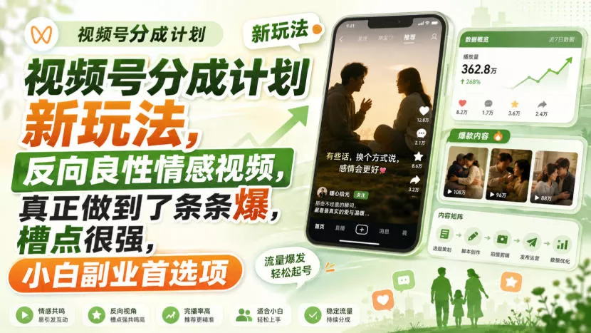 视频号分成计划新玩法，反向良性情感视频，真正做到了条条爆，槽点很强，小白副业首选项-小灰云创