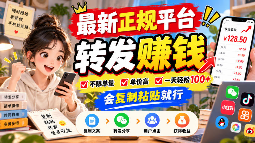 最新正规平台，转发賺钱，不限单量，单价高，一天轻松100+，会复制粘贴就行【揭秘】-小灰云创