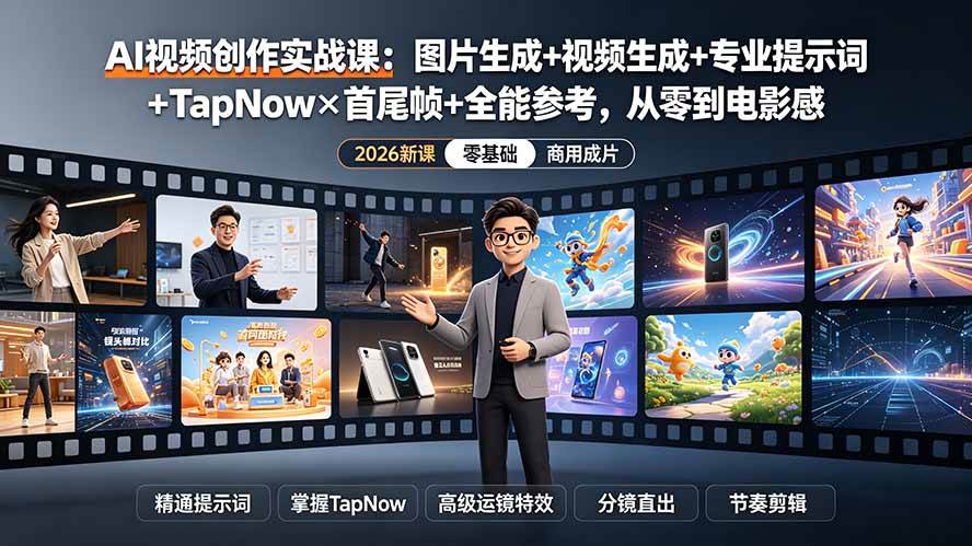 (19383期)AI视频创作实战课:图片生成+视频生成+专业提示词+TapNow×首尾帧+全能参考,从零到电影感成片-小灰云创