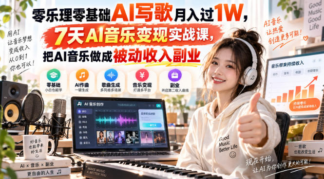 零乐理零基础AI写歌月入过1W,7天AI音乐变现实战课,把AI音乐做成被动收入副业-小灰云创