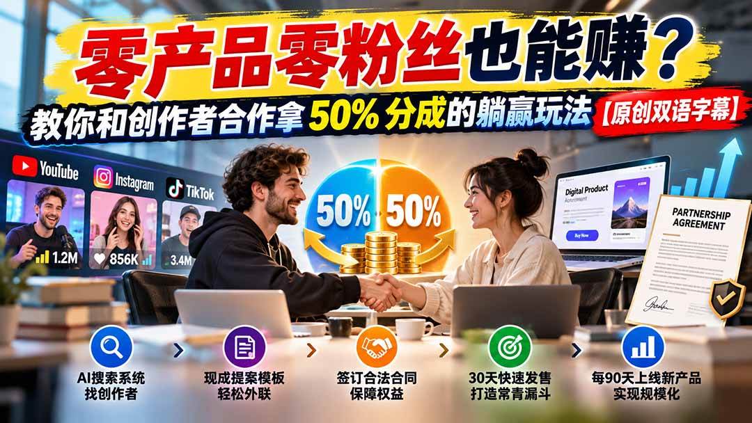 （20957期）零产品零粉丝也能赚？教你和创作者合作拿 50% 分成的躺赢玩法【原创双语字幕】-小灰云创