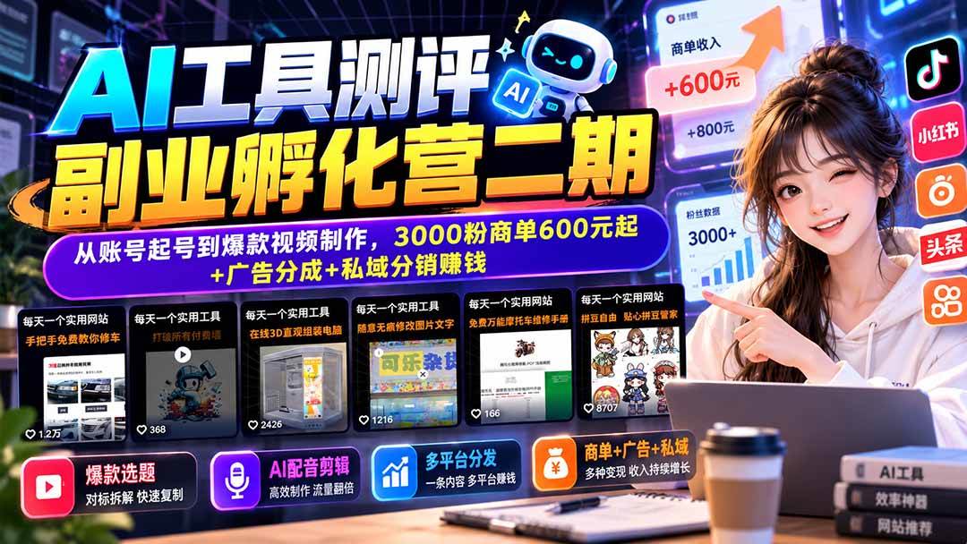 (20799期)AI工具测评副业孵化营二期:从账号起号到爆款视频制作,3000粉商单600元起+广告分成+私域分销赚钱-小灰云创
