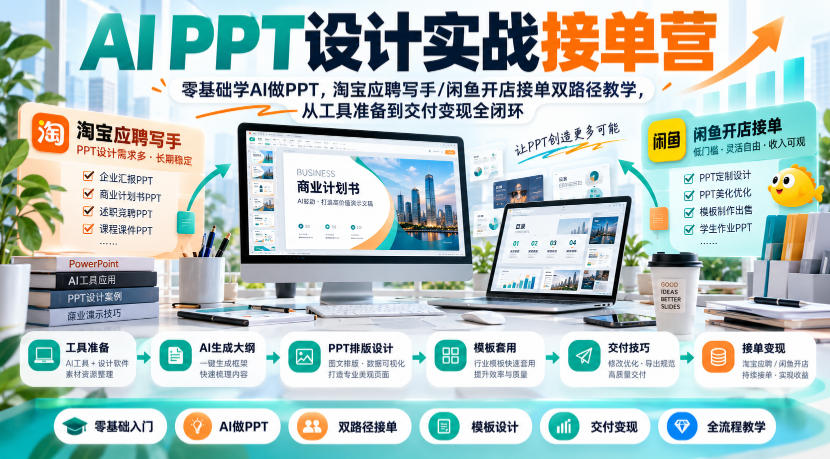 AI PPT设计实战接单营|零基础学AI做PPT,淘宝应聘写手/闲鱼开店接单双路径教学,从工具准备到交付变现全闭环-小灰云创