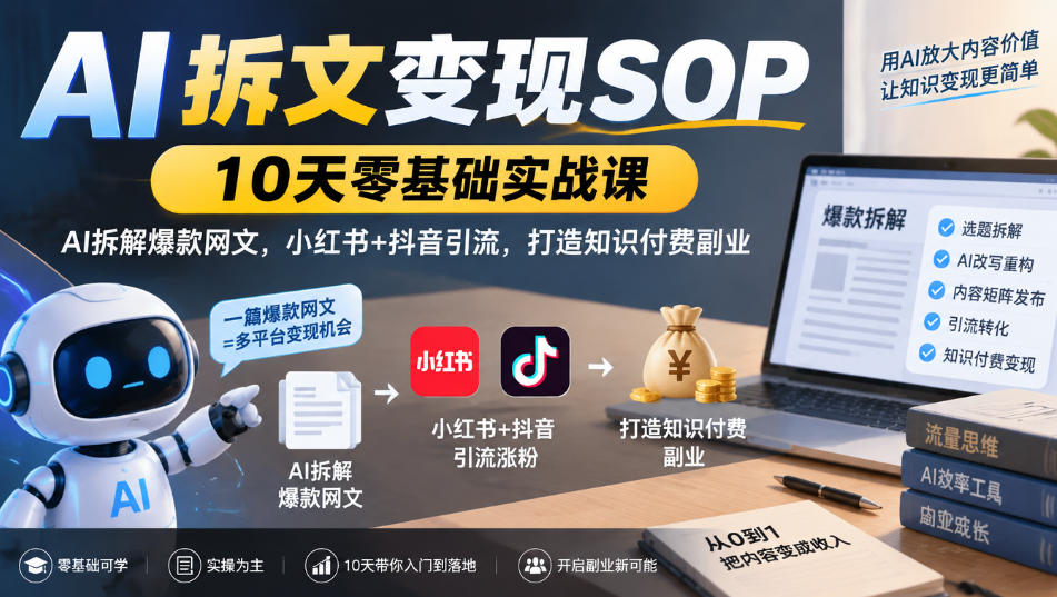 AI拆文变现SOP|10天零基础实战课,AI拆解爆款网文,小红书+抖音引流,打造知识付费副业-小灰云创