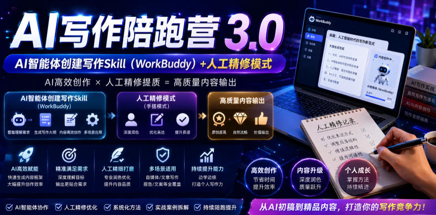 AI写作陪跑营3.0，Ai智能体创建写作skill（workbuddy）+人工手写模式（手搓模式），去除AI痕迹（头条号、公众号、百家号）（更新0730）-小灰云创