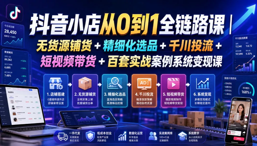 抖音小店从0到1全链路课｜无货源铺货+精细化选品+千川投流+短视频带货+百套实战案例系统变现课(2026年7月更新)-小灰云创