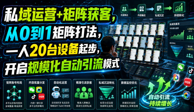 私域运营+矩阵获客，从0到1矩阵打法，一人20台设备起步，开启规模化自动引流模式！-小灰云创