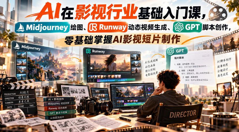 【无水印】AI在影视行业基础入门课,Midjourney绘图、Runway动态视频生成、GPT脚本创作,零基础掌握AI影视短片制作-小灰云创