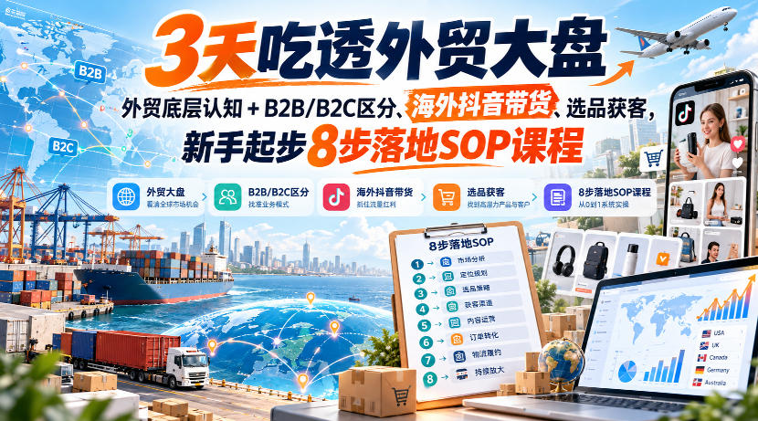 3天吃透外贸大盘,外贸底层认知+B2B/B2C区分、海外抖音带货、选品获客,新手起步8步落地SOP课程-小灰云创