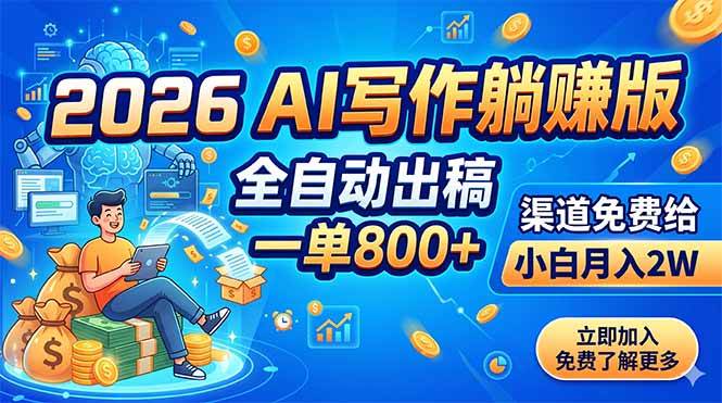 （18885期）2026 AI写作躺赚版：全自动出稿，一单800+，渠道免费给，小白月入2W-小灰云创