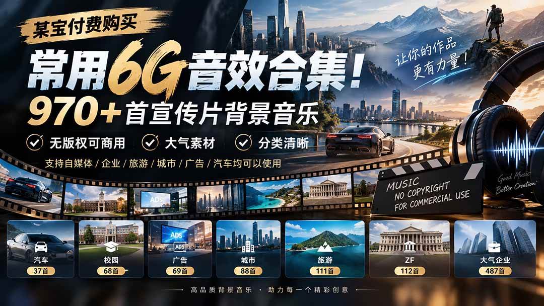 （20603期）某宝付费购买，常用6G音效合集！970+首宣传片背景音乐，无版权可商用大气素材，分类清晰-小灰云创