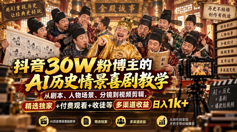 抖音30W粉博主的AI历史情景喜剧教学，从剧本、人物场景、分镜到视频剪辑，精选独家+付费观看+收徒等多渠道收益日入1k+-小灰云创