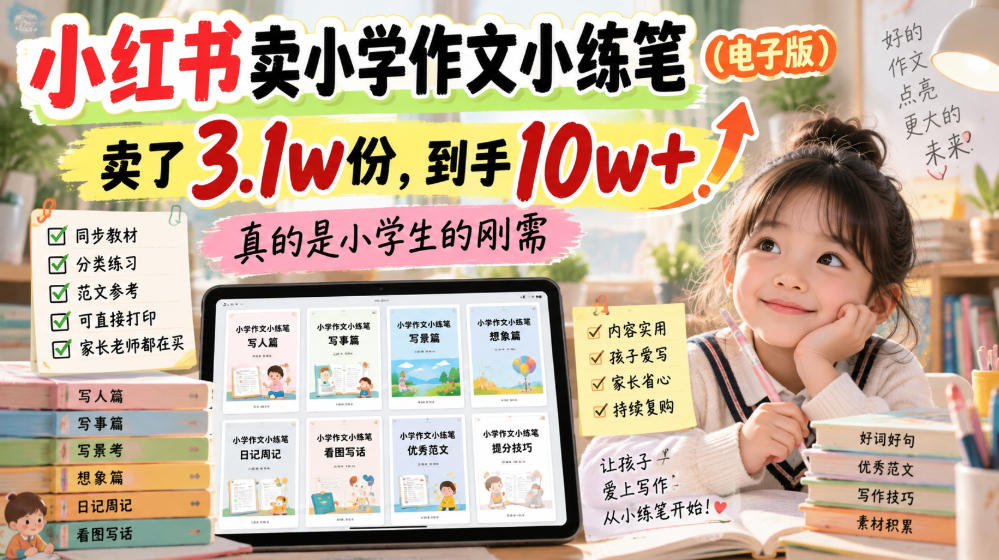 小红书卖小学作文小练笔(电子版),卖了3.1w份,到手10w+,真的是小学生的刚需-小灰云创