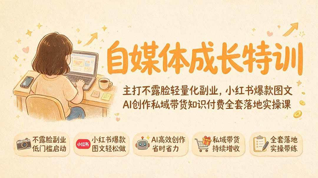 （19584期）自媒体成长特训｜主打不露脸轻量化副业，小红书爆款图文AI创作私域带货知识付费全套落地实操课-小灰云创