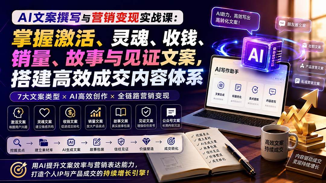 (20126期)AI文案撰写与营销变现实战课:掌握激活、灵魂、收钱、销量、故事与见证文案,搭建高效成交内容体系-小灰云创