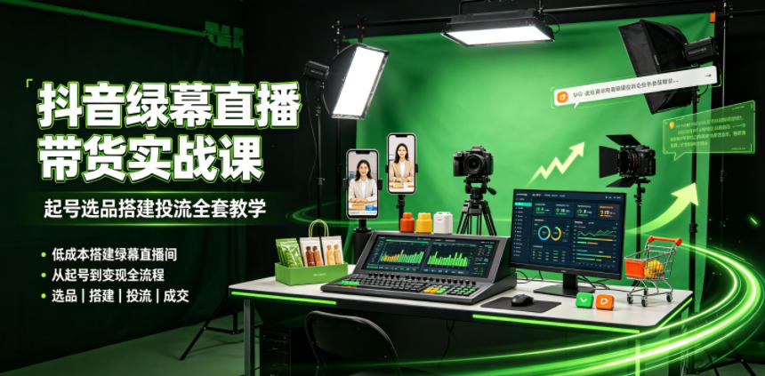 某社群抖音绿幕直播带货实战课,起号选品搭建投流全套教学,低成本搭建绿幕直播间-小灰云创