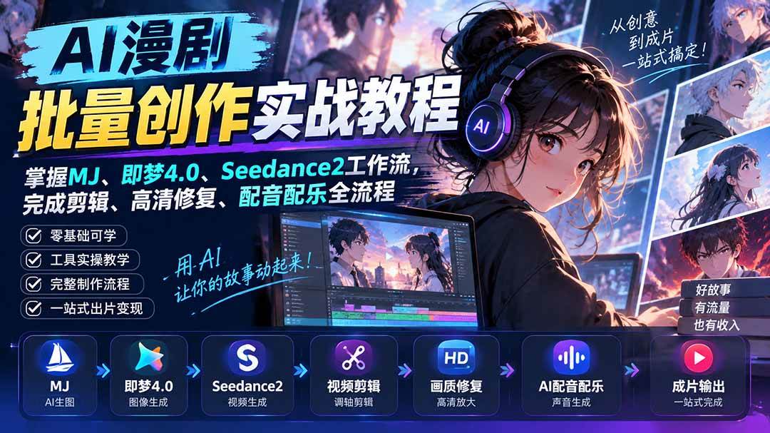 (20488期)AI漫剧批量创作实战教程:掌握MJ、即梦4.0、Seedance2工作流,完成剪辑、高清修复、配音配乐全流程-小灰云创