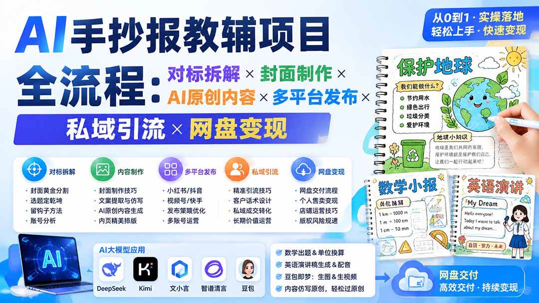（19785期）AI手抄报教辅项目全流程：对标拆解×封面制作×AI原创内容×多平台发布×私域引流×网盘变现-小灰云创