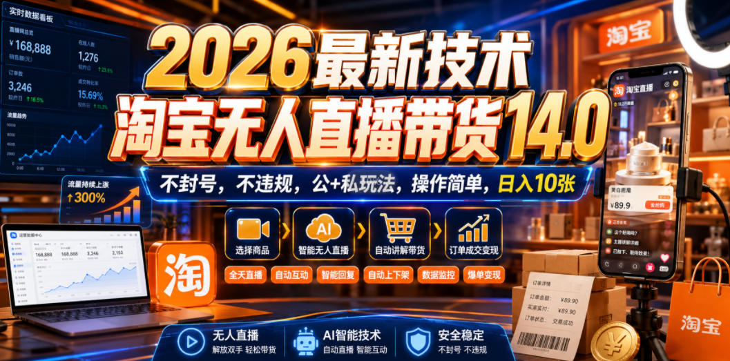 2026最新技术，淘宝无人直播带货14.0，不封号，不违规，公+私玩法，操作简单，日入10张【揭秘】-小灰云创