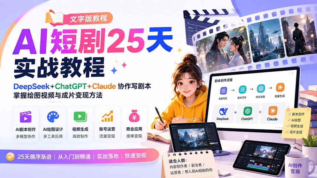 (20225期)AI短剧25天实战教程(文字版教程):DeepSeek+ChatGPT+Claude协作写剧本,掌握绘图视频与成片变现方法-小灰云创