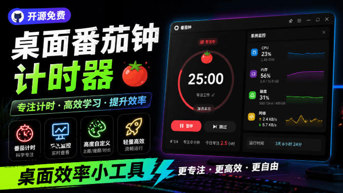 仅1.16MB，开源极简的桌面时钟、番茄钟计时器，还支持系统监控显示，桌面效率小工具Catime-小灰云创