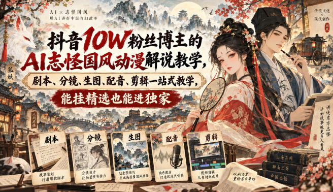 抖音10W粉丝博主的AI志怪国风动漫解说教学，剧本、分镜、生图、配音、剪辑一站式教学，能挂精选也能进独家-小灰云创