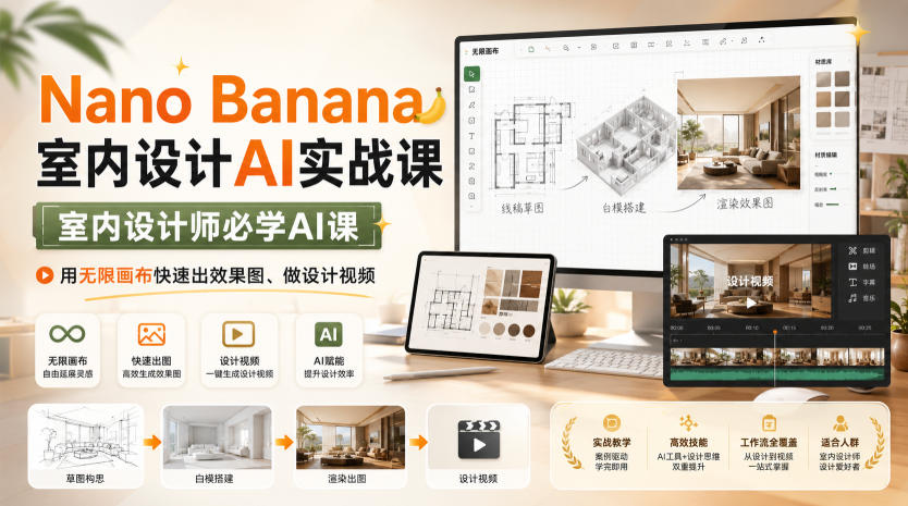 Nano Banana室内设计AI实战课，室内设计师必学AI课，用无限画布快速出效果图、做设计视频-小灰云创