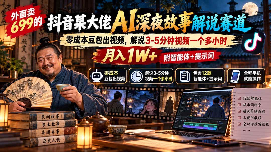 (20648期)外面卖699的抖音某大佬AI深夜故事解说赛道:零成本豆包出视频,解说3-5分钟视频一个多小时,月入1W+附智能体+提示词-小灰云创