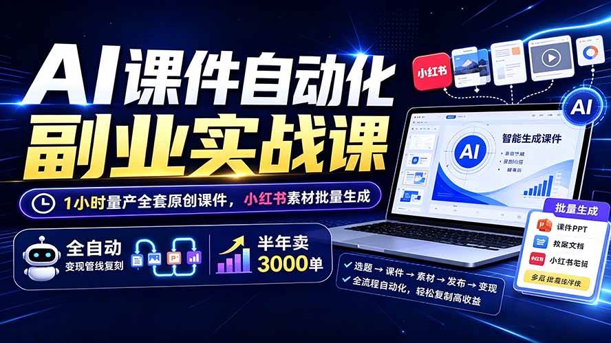 （19518期）AI课件自动化副业实战课：1小时量产全套原创课件×小红书素材批量生成×全自动变现管线×半年卖3000单-小灰云创