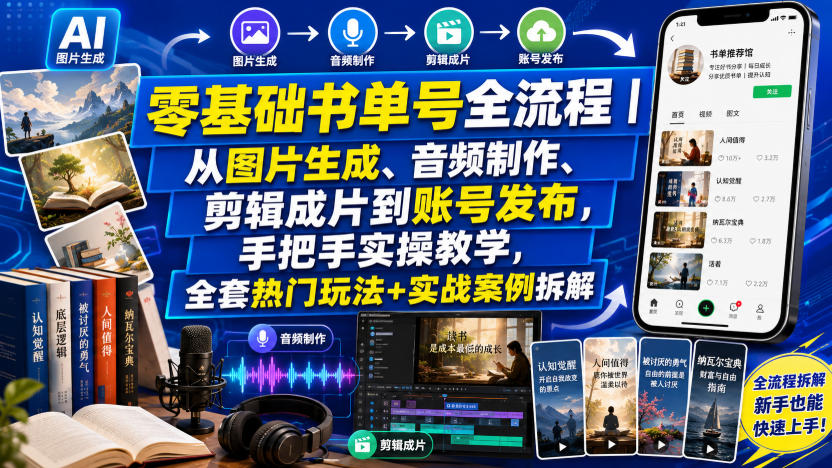 零基础书单号全流程｜从图片生成、音频制作、剪辑成片到账号发布，手把手实操教学，全套热门玩法+实战案例拆解-小灰云创