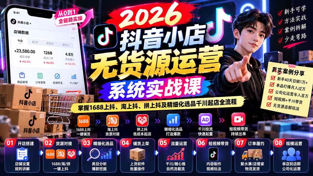 (20659期)2026抖音小店无货源运营系统实战课:掌握1688上抖、淘上抖、拼上抖及精细化选品千川起店全流程-小灰云创