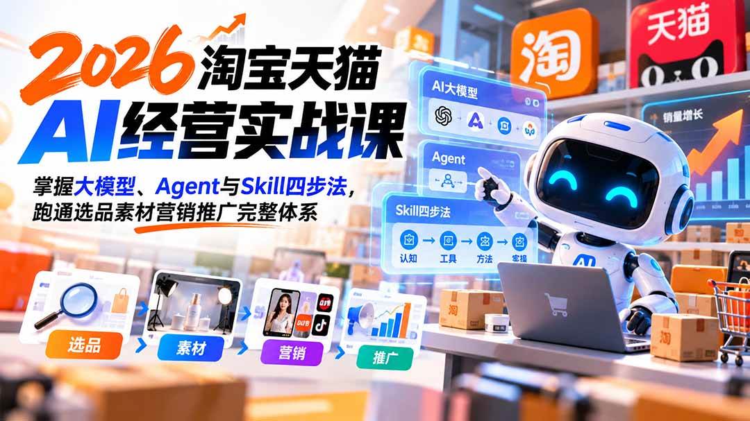 (20676期)【无水印】2026淘宝天猫AI经营实战课:掌握大模型、Agent与Skill四步法,跑通选品素材营销推广完整体系-小灰云创