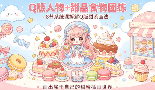 Q版人物+甜品食物团练，8节系统课拆解Q版甜系画法，画出属于自己的甜蜜插画世界 - 小灰云创-小灰云创