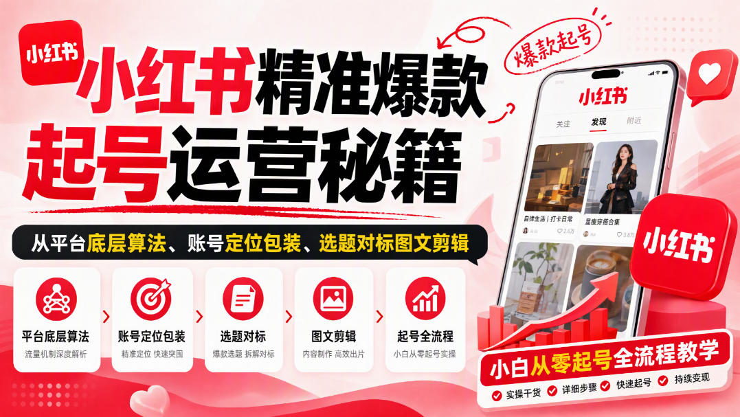 小红书精准爆款起号运营秘籍,从平台底层算法、账号定位包装、选题对标图文剪辑,小白从零起号全流程-小灰云创