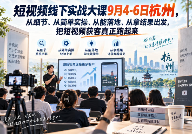 短视频线下实战大课9月4-6日杭州,从细节、从简单实操、从能落地、从拿结果出发,把短视频获客真正跑起来-小灰云创