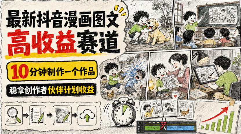 最新抖音漫画图文高收益赛道，10分钟制作一个作品，稳拿创作者伙伴计划收益-小灰云创