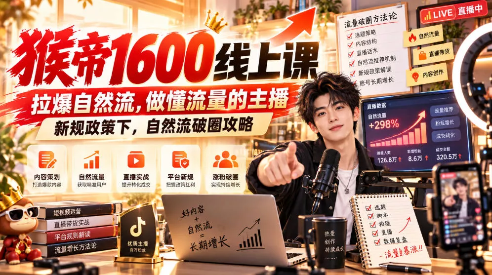猴帝1600线上课，拉爆自然流，做懂流量的主播，新规政策下，自然流破圈攻略【更新261002】-小灰云创