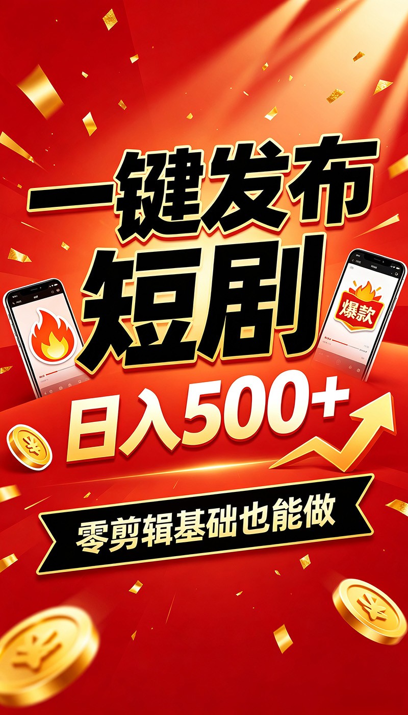 快手短剧一键发布，不用剪辑操作简单，副业日入500+。空闲时间轻松赚收益-小灰云创