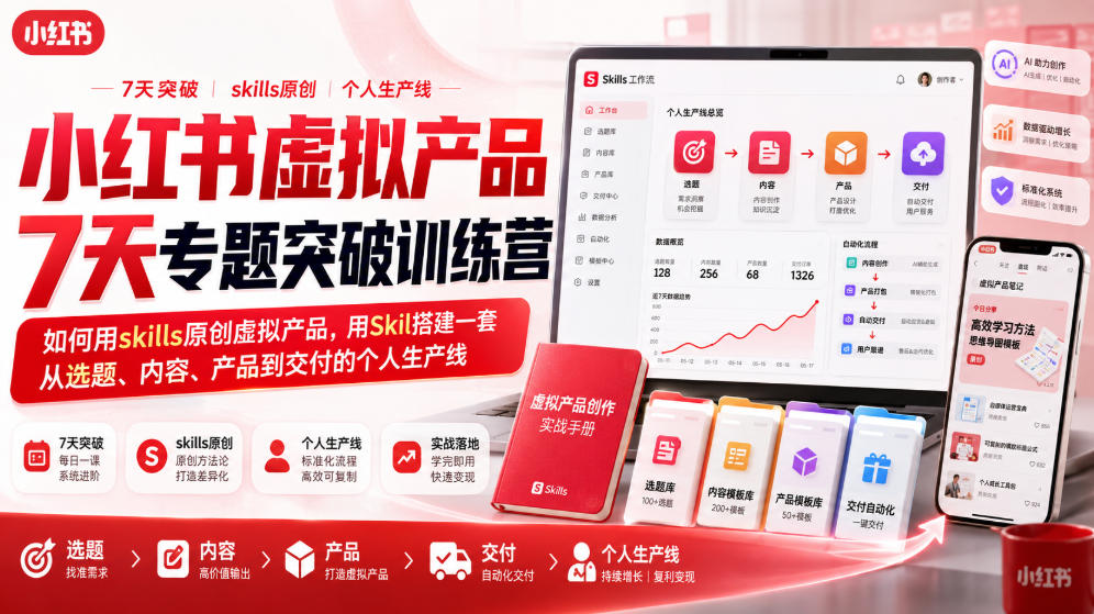 小红书虚拟产品7天专题突破训练营，如何用skills原创虚拟产品，用Skil搭建一套从选题、内容、产品到交付的个人生产线-小灰云创