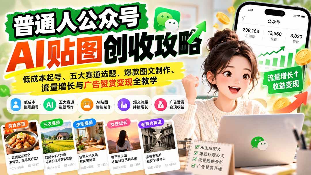(20972期)普通人公众号AI贴图创收攻略:低成本起号、五大赛道选题、爆款图文制作、流量增长与广告赞赏变现全教学-小灰云创