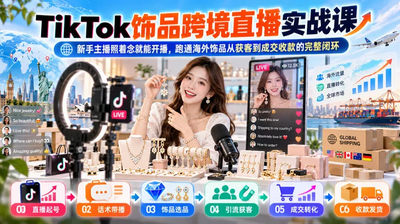 TikTok饰品跨境直播实战课,新手主播照着念就能开播,跑通海外饰品从获客到成交收款的完整闭环-小灰云创