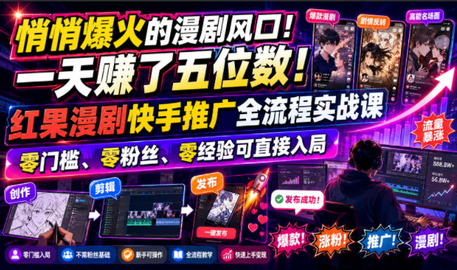 悄悄爆火的漫剧风口！一天賺了五位数！红果漫剧快手推广全流程实战课，零门槛、零粉丝、零经验可直接入局-小灰云创