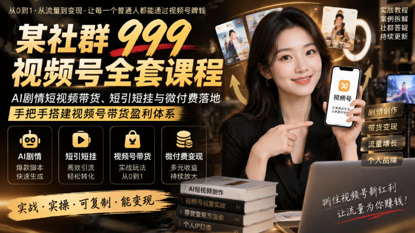 某社群999视频号全套课程，AI剧情短视频带货、短引短挂与微付费落地，手把手搭建视频号带货盈利体系-小灰云创