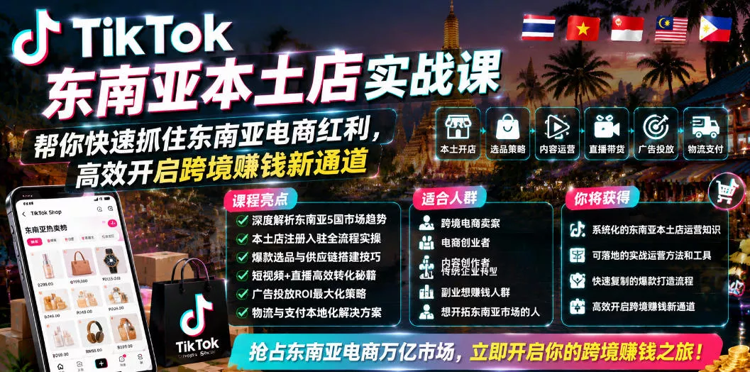 TikTok东南亚本土店实战课,帮你快速抓住东南亚电商红利,高效开启跨境賺钱新通道-小灰云创