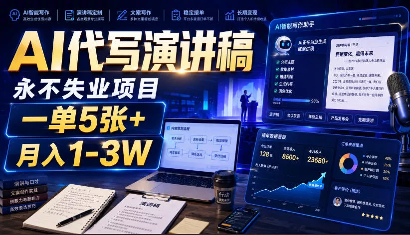 AI代写演讲稿，永不失业项目，一单5张+，月入1-3W【揭秘】-小灰云创