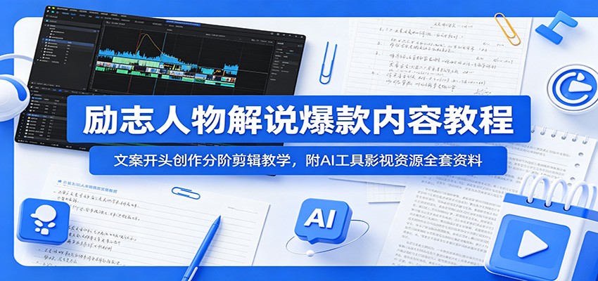 励志人物解说爆款内容教程:文案开头创作分阶剪辑教学,附AI 工具影视资源全套资料-小灰云创