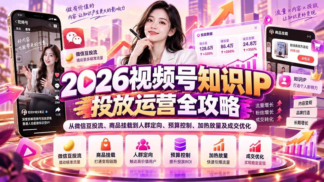 （20860期）2026视频号知识IP投放运营全攻略：从微信豆投流、商品挂载到人群定向、预算控制、加热放量及成交优化-小灰云创