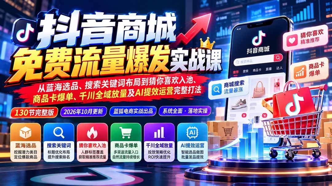 （20959期）抖音商城免费流量爆发实战：从蓝海选品、搜索关键词布局到猜你喜欢入池、商品卡爆单、千川全域放量及AI提效完整打法-小灰云创