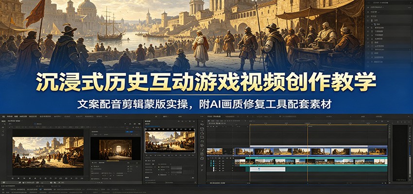 沉浸式历史互动游戏视频创作教学：文案配音剪辑蒙版实操，附AI画质修复工具配套素材-小灰云创