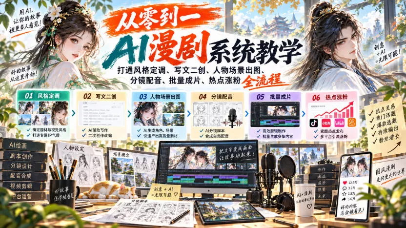 从零到一AI漫剧系统教学，打通风格定调、写文二创、人物场景出图、分镜配音、批量成片、热点涨粉全流程-小灰云创